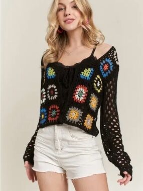 Adore Me Black Multi color Crochet Sweater with Patchwork Design NWOT
